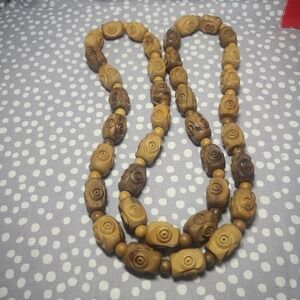Vintage Hand Carved Olive Wood Bead Necklace Long - 32" - No Closure